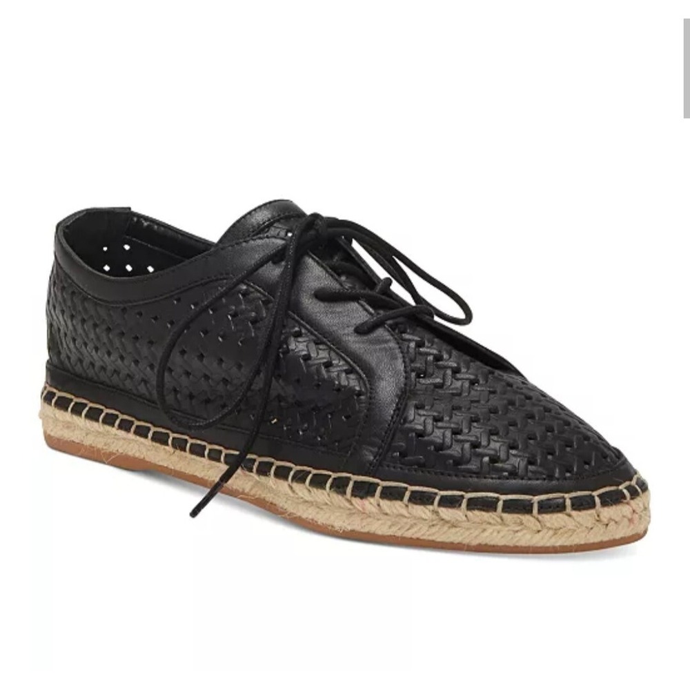 Vince Camuto Espadrilles Flats 7.5 Black Perforated Leather Laser Cut Lace Up